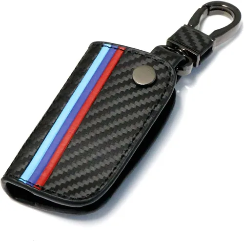 Miniatura 7 de iJDMTOY Emblemático llavero de cuero con patrón de fibra de carbono negro de 3 colores con llavero compatible con el mando a distancia BMW
