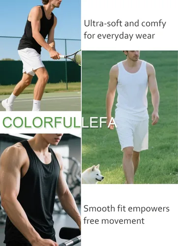 Miniatura 6 de COLORFULLEAF Camisetas sin mangas de rayón de bambú para hombre, camisetas sin mangas elásticas con cuello redondo (1 o 3)