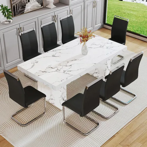 Miniatura 29 de gopop Mesa de comedor de mármol de 63 pulgadas, tablero de mesa de comedor MDF con patrón de mármol y base para cocina y comedor.