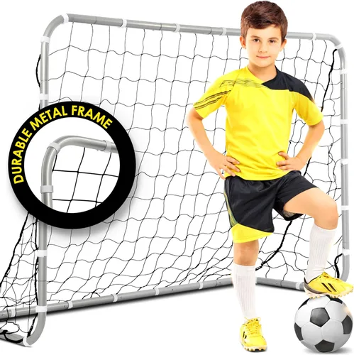 E-Jet - Porterías de fútbol, marco de metal de 6 x 4 pies con red para todo tipo de clima, color blanco
