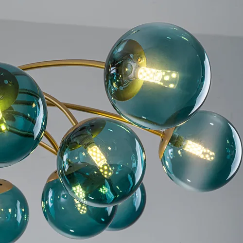 Miniatura 9 de Candelabros Sputnik dorados con globo de vidrio azul, lámpara de techo empotrada con 3 luces de acento de flor de mediados de siglo, candelabros