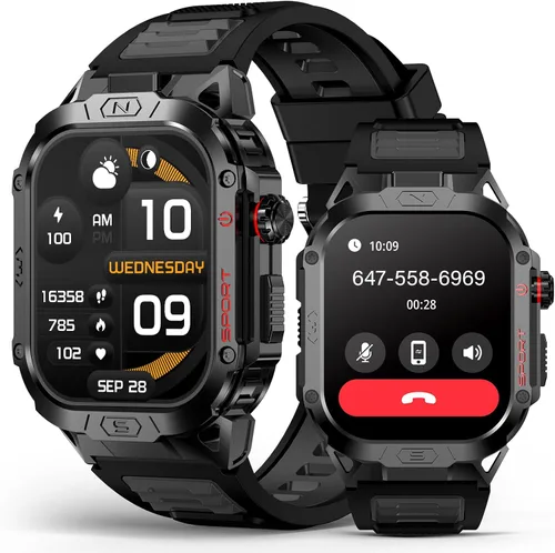Reloj inteligente militar para hombre, reloj inteligente deportivo al aire libre de 2.02 pulgadas con linterna, frecuencia cardíaca, oxígeno y Negro