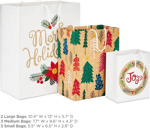 Miniatura 3 de Hallmark Bolsas de regalo navideñas (8 bolsas: 3 pequeñas de 6 pulgadas, 3 medianas de 9 pulgadas, 2 grandes de 13 pulgadas), papel kraft reciclable
