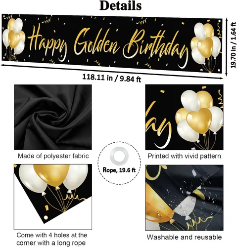 Miniatura 2 de Labakita Cartel grande de feliz cumpleaños dorado, pancarta dorada para fiesta de cumpleaños, suministros de decoración de cumpleaños 5, 21, 24, 25