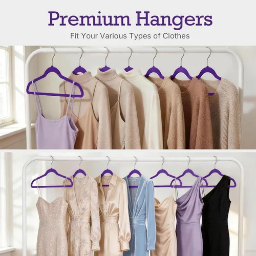 Miniatura 8 de HOUSE DAY Paquete de 60 perchas de terciopelo morado noble, perchas de terciopelo antideslizantes para ropa resistentes para abrigos, perchas Noble
