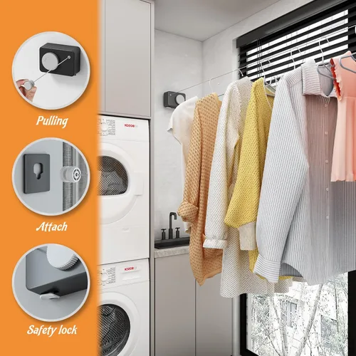 Miniatura 3 de Tendedero retráctil para interiores, línea de ropa que no se hunde que se retrae al aire libre, juego de línea de ropa montada en la pared
