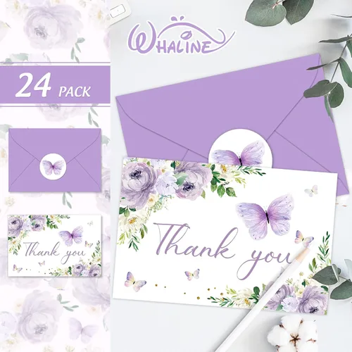 Miniatura 3 de Whaline 24 tarjetas de agradecimiento de mariposa floral, tarjetas de felicitación de flores moradas con etiqueta sobre de acuarela de primavera
