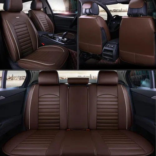 Miniatura 8 de otoez Juego completo de fundas de asiento de automóvil, fundas de asiento de piel sintética de 5 asientos para automóviles, impermeables, Marrón