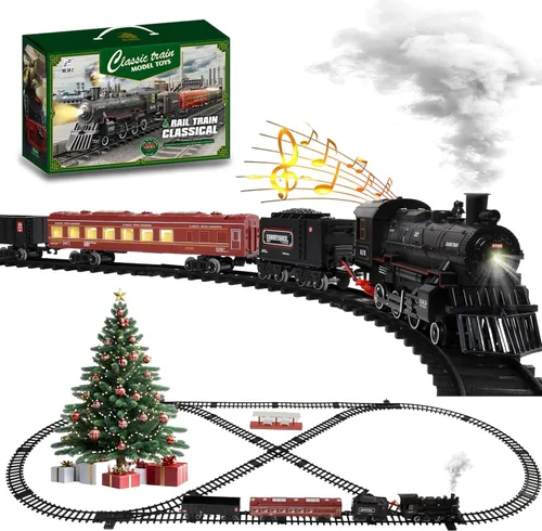 Mantfuty - Juego de tren de juguetes para niños con humo, luces y sonido, trenes eléctricos con locomotora de vapor, vagones de tren y pistas de