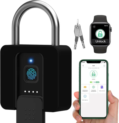 Miniatura 9 de Candado de huellas dactilares, Dhiedas Pad Lock con huella dactilar Bluetooth llave impermeable resistente cerradura de combinación para valla al