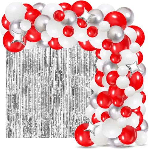 Kit de arco de guirnalda de globos rojos y blancos, color rojo y blanco, metálico plateado, cortina de flecos de oropel para boda, cumpleaños, Rojo
