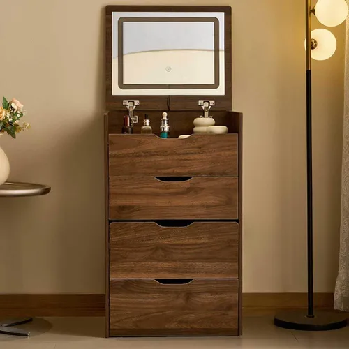 Miniatura 4 de Escritorio de tocador 3 en 1 con luces y espejo abatible, juego de mesa de maquillaje pequeño con cajones y silla de almacenamiento, parte superior