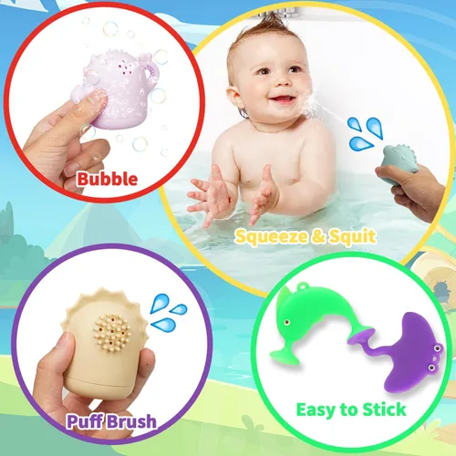 Miniatura 3 de Juguetes de baño para bebé, 13 piezas de juguetes de baño de silicona sin moho con una bolsa de almacenamiento, juguetes de bañera de dinosaurios