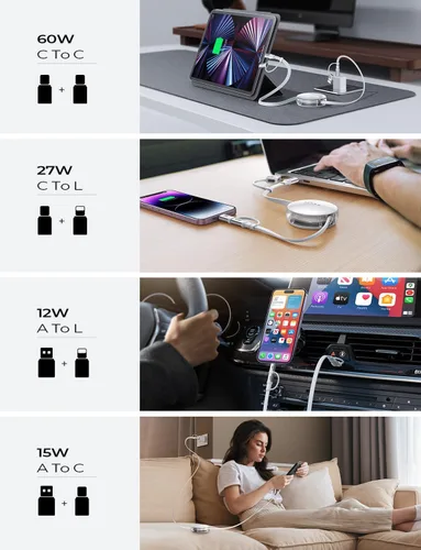 Miniatura 4 de LISEN Cable de carga retráctil 5 en 1, cable de carga múltiple de 60 W con puertos USB-C/A/L, cargadores retráctiles para múltiples dispositivos