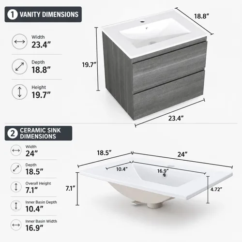 Miniatura 2 de KSWIN Mueble de baño flotante de 24 pulgadas con fregadero, armario de tocador gris montado en la pared con 2 cajones, fregadero de cerámica