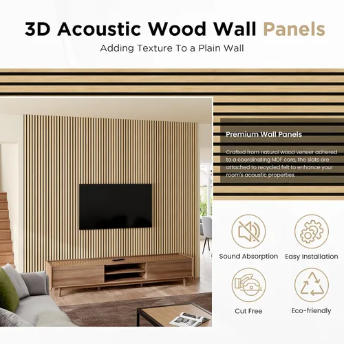 Miniatura 3 de Paneles acústicos de listones de madera, 94" x 23.6" cada panel de pared de listones de madera insonorizado - roble blanco, paquete de 2