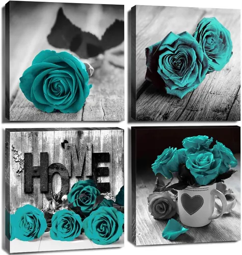 Miniatura 14 de Arte de pared de flores de rosa turquesa y verde azulado para el baño, decoración de pared floral turquesa, señal de amor en blanco y negro, Rosa