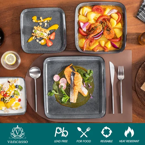 Miniatura 3 de vancasso Stern Gray - Juego de vajilla de 16 piezas de cerámica de cocina con esmalte reactivo cuadrado, juego de vajilla de piedra con plato de Gris