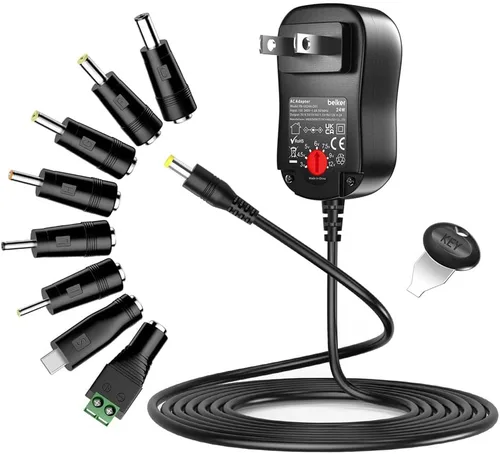 Belker Fuente de alimentación universal de 24 W, 3 V, 4.5 V, 5 V, 6 V, 7.5 V, 9 V, 12 V CA, adaptador de corriente alterna, con 8 puntas