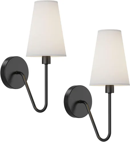 Electro bp; Lámpara de pared clásica de 1 sola cabeza, color negro con pantalla de tela de lino blanco crema E12 40W cableada (juego de 2); Sombra