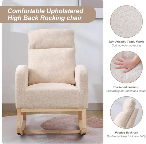 Miniatura 4 de Mecedora para Guardería con Patas de Madera Maciza, Silla Deslizante para Guardería con Bolsillo Lateral, Sillón Mecedor para Sala de Estar