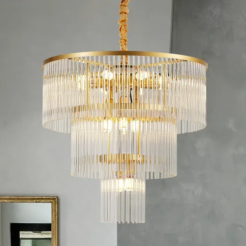 Miniatura 11 de 23.6" Lámparas de araña doradas modernas, candelabro de vidrio redondo de 2 niveles para comedor, 12 luces, lámparas colgantes para vestíbulo