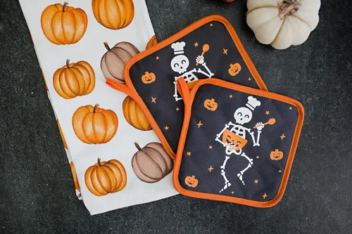 Miniatura 2 de Pearhead Juego de 2 soportes para ollas de chef de esqueleto de Halloween, almohadillas calientes de cocina resistentes al calor con bucles
