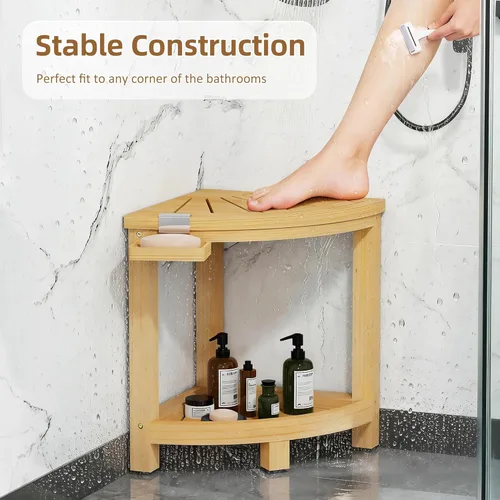 Miniatura 2 de Taburete de ducha esquinero de bambú de 2 niveles para afeitar piernas, banco impermeable con estante de almacenamiento y jabonera, reposapiés