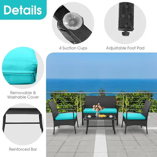 Miniatura 5 de HAPPYGRILL Juego de 4 muebles de mimbre para patio, juego de conversación de mimbre de polietileno, sofá de ratán con cojines, mesa de centro