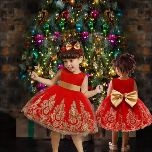 Miniatura 6 de 3M-6T - Vestido de encaje con lazo para niñas pequeñas, vestido de bordado con gorro
