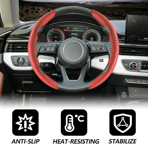 Miniatura 4 de 2 piezas Fundas de Volante de Fibra de Carbono de Ajuste Universal, Funda de Volante Antideslizante/Protector de Volante Segmentado/Accesorios Rojo