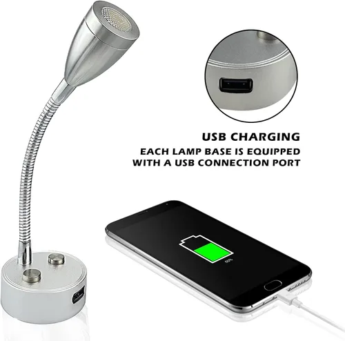Miniatura 6 de TZnpnor - Paquete de 2 luces LED de noche de 12 a 24 V, puerto de carga USB, cuello de cisne, atenuación táctil, foco giratorio de 360° para cámper