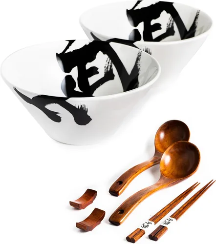 Miniatura 11 de BICETTO Juego de cuencos japoneses para ramen con gran diseño de ola, cuencos de cerámica grandes de 60 onzas, cucharas, palillos para ramen, Pho