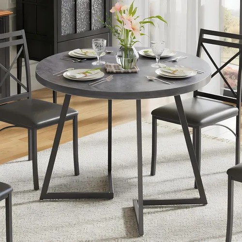 VECELO Mesa de comedor redonda de 35 pulgadas para 4, superficie de grano de madera y marco de acero resistente, para cocina, sala de estar, fácil