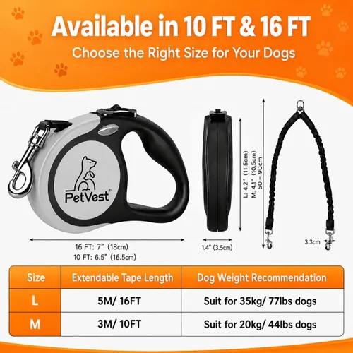 Miniatura 2 de Correa retráctil doble para perros, de 10 pies sin enredos para 2 perros, desmontable para uso individual, freno y bloqueo con un botón, hasta 20 kg