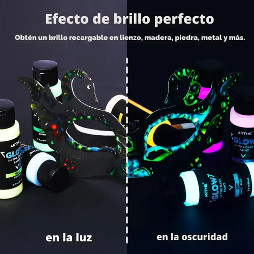 Miniatura 5 de ARTME Pintura que brilla en la oscuridad, juego de pintura de luz negra de 10 colores brillantes 60ml/2oz, pintura neón para manualidades, pintura