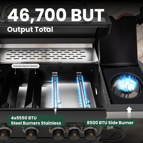 Miniatura 4 de Parrilla de Barbacoa de Gas Propano 2 en 1 con Quemador Lateral y Rejilla de Hierro Fundido Esmaltada en Porcelana, Plancha Plana de 4 Quemadores