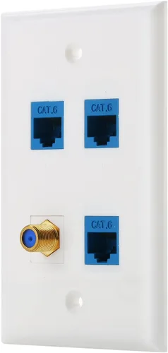IBL -Placa de pared de 4 puertos con cable de TV coaxial chapado en oro tipo F + 3 puertos Cat6 Ethernet hembra a conector hembra en blanco 1 cable