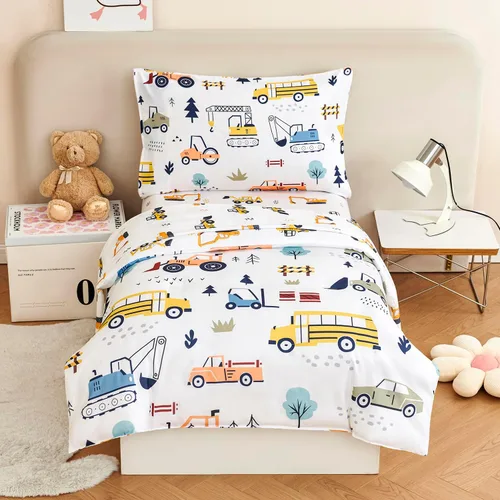 Miniatura 19 de URBONUR Juego de ropa de cama de 4 piezas para niños pequeños - Juego de edredón ultra suave con dibujos animados de animales del zoológico rosa