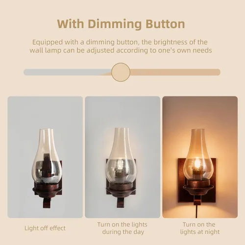 Miniatura 4 de Juego de 2 apliques de pared enchufables rústicos, de bronce rojo, vintage, lámpara de pared de cristal vintage, estilo retro de granja, lámparas