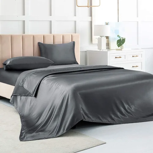 Juego de sábanas de satén tamaño completo, sábanas de seda gris, juego de ropa de cama suave de 4 piezas con 1 sábana bajera con bolsillo profundo,