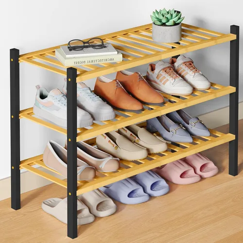 Miniatura 8 de Smiry Zapatero de bambú para clóset, organizador de zapatos apilable de 4 niveles largo de madera, estante de almacenamiento de zapatos Negro