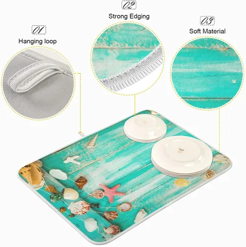 Miniatura 4 de Tapete absorbente para secado de platos para encimera de cocina, conchas verdes en la tabla de madera, almohadilla de secado de microfibra, 27