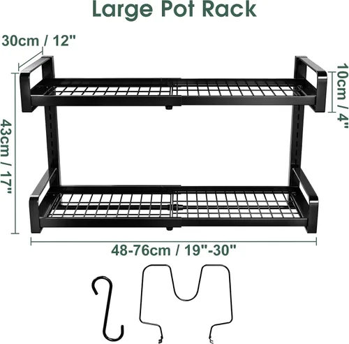 Miniatura 8 de Estante colgante expandible de 19 a 30 pulgadas, organizador de ollas y sartenes de 2 niveles resistentes para montar en la pared con 10 ganchos y 5