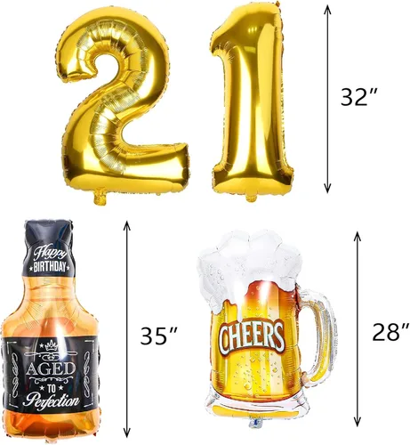 Miniatura 5 de 21st Birthday Anniversary Decorations for Men Women (Black Gold) Gold Foil Balloon, Cheers Cup Foil Balloon for Wedding Anniversary Party Supplies