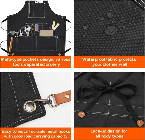 Miniatura 3 de Black Handmade Work Apron with 11 Tool Pockets, Heavy Duty Waxed Canvas Workshop Tool Aprons Woodworking Apron