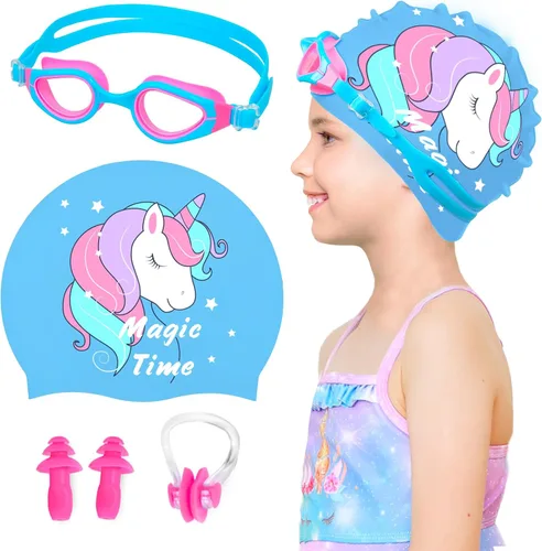 Miniatura 11 de Gorros de natación para niñas (de 2 a 6 años), gorro de natación de silicona impermeable duradero para cabello corto con gafas de natación, tapón