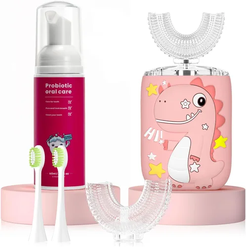 Miniatura 12 de Cepillo de dientes eléctrico en forma de U para niños, dinosaurio sónico, de boca completa, con 4 cabezales de cepillo suave, automático, 6 modos