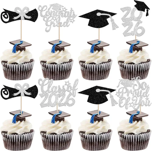 Miniatura 41 de Rsstarxi Paquete de 24 adornos para cupcakes de graduación 2026, con purpurina azul, para la clase de 2026, para diplomas, 24 piezas (6 diseños)
