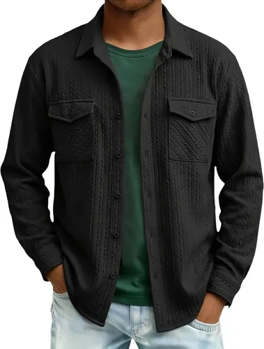 Miniatura 12 de Camisas con botones para hombre, casual, de manga larga, con cuello jacquard, texturizada, ligera, sobrecamisa, sobrecamisa